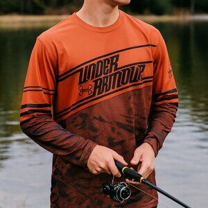 Under Armour Fishing Jersey Long Sleeve Shirt Mens Large Orange Heatgear Loose